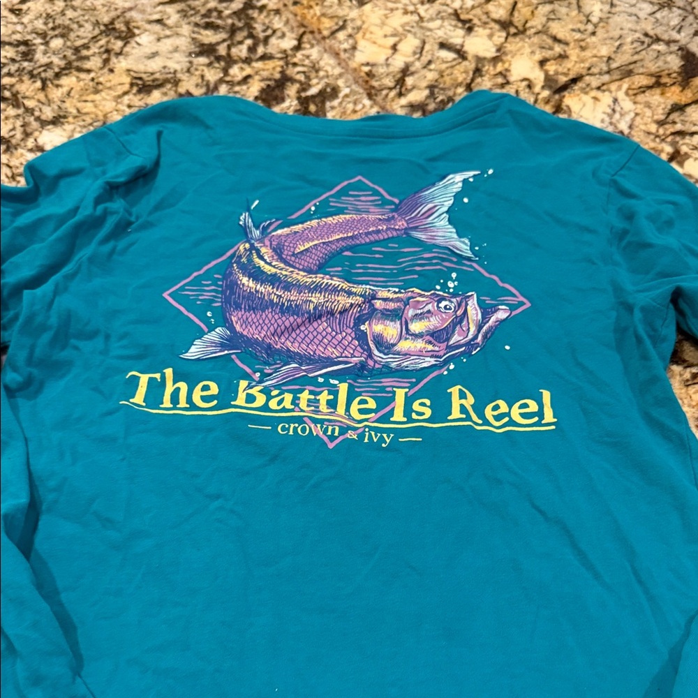 Crown & Ivy Teal Long Sleeve with Fish Design